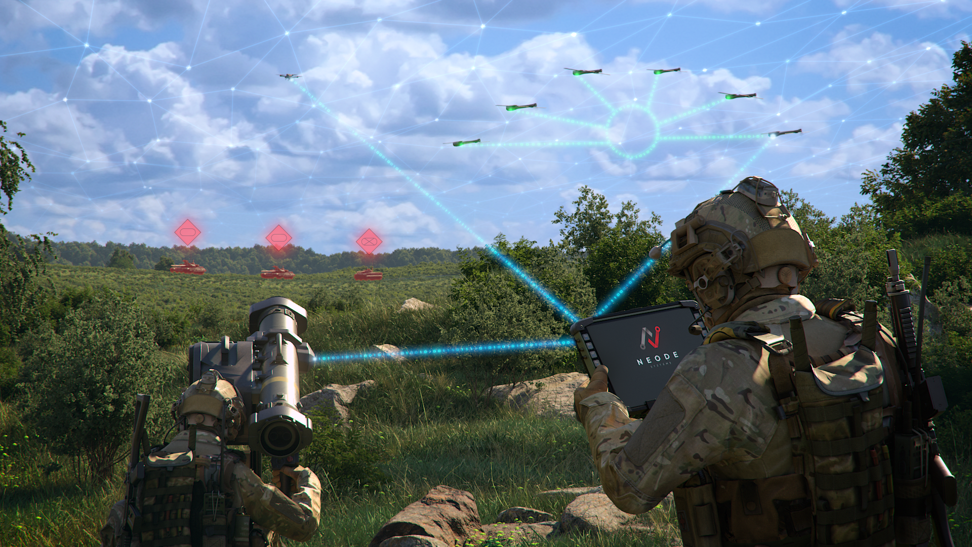 Soldiers on the battlefield, equipped with AKERON MP defence system, relying on NEODE Systems' AI technologies to identify and track targets on land and in the sky.